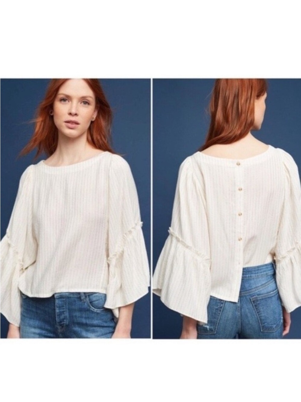 NWOT Anthropologie Floreat Ottilia Creamy Ivory Bell Sleeve Top Back Buttons
